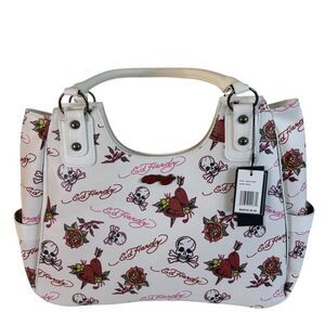 Ed Hardy White Vegan Shoulder Bag w/Signature Tattoo Inspired Designs.